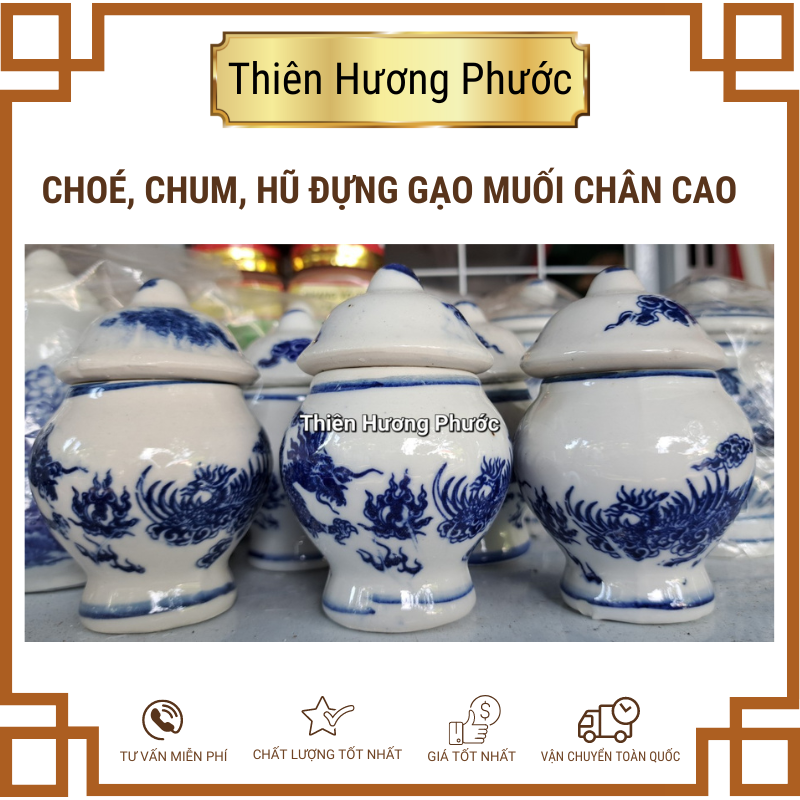 Hũ gạo muối nước cúng có nắp bằng gốm rồng xanh