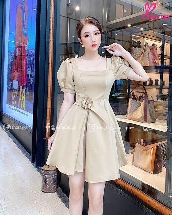 [HCM]ĐẦM XÒE CỔ VUÔNG ĐÍNH NƠ EO THỜI TRANG SIÊU XINH