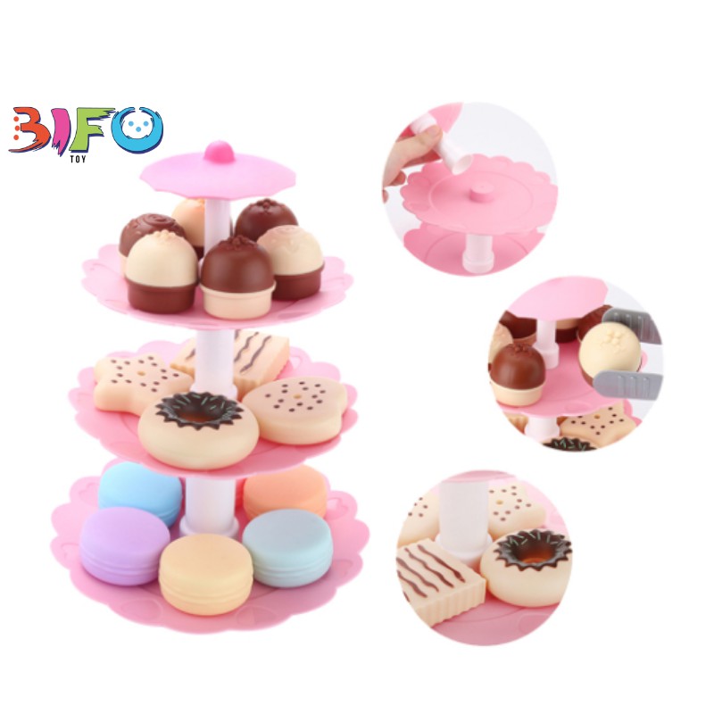 Đồ chơi sinh nhật tháp bánh ngọt 3 tầng mô phỏng bánh Macarons bánh quy đồ chơi cho trẻ em