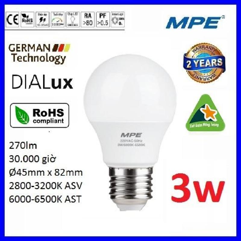 Bóng led bulb 3W cao cấp MPE LBD-3 ( tiêu chuẩn Châu Âu ). Chất liệu nhựa PC cao cấp, chống va đập, chịu nhiệt và truyền dẫn ánh sáng tốt. - Điện Việt