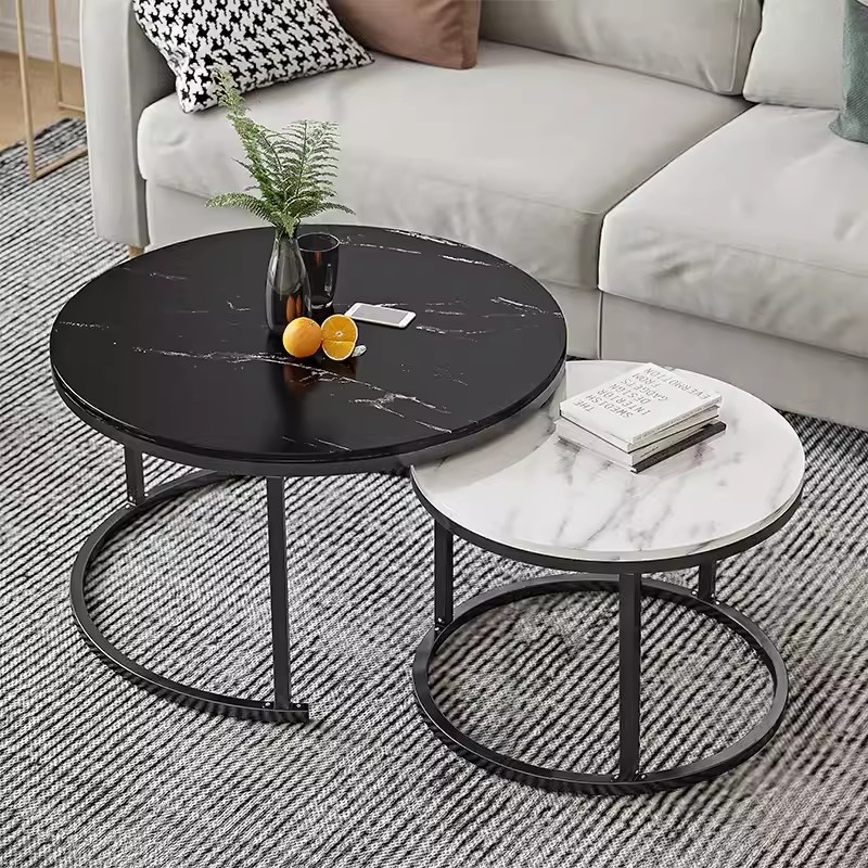 Decroom bàn sofa bàn trà sofa bàn trà sofa hoa văn đá cẩm thạch, bàn trà tròn khung chân bàn, bàn gấp 50cm/70cm