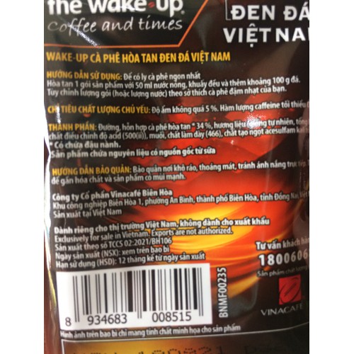 Cà phê hòa tan WAKE UP đen đá 560g (35 gói x 16g). Date 08.2022
