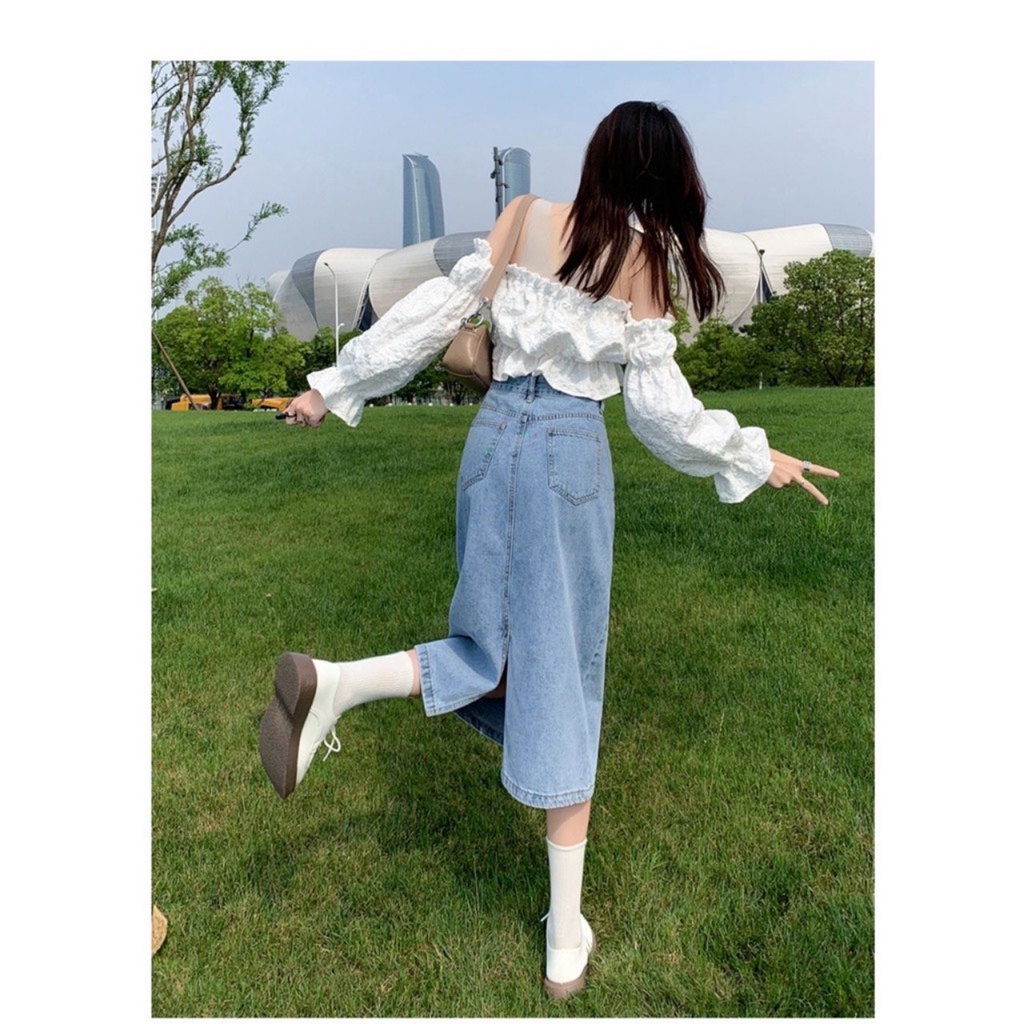 HOÀN TIỀN 15% - Chân váy jean dài cạp điều chỉnh độ rộng bụng váy bò dáng dài cạp cao phong cách