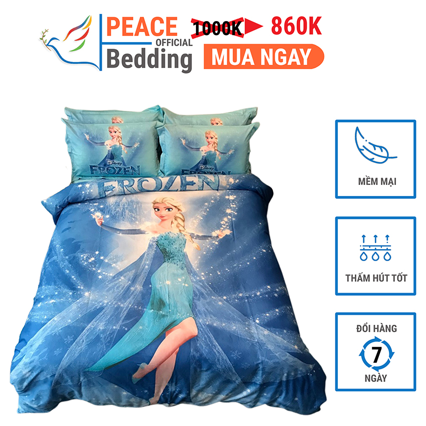 [FREESHIP] Set of Bed Sheet and 2 Pillowcases 4 Pieces Princess Elsa Frozen Fabric Material Cotton 100% Soft Thick Good Absorbent 3D Image Vivid Wash Comfort Durable Color For Mattress 1M2 , M4, M6, M8, 2M