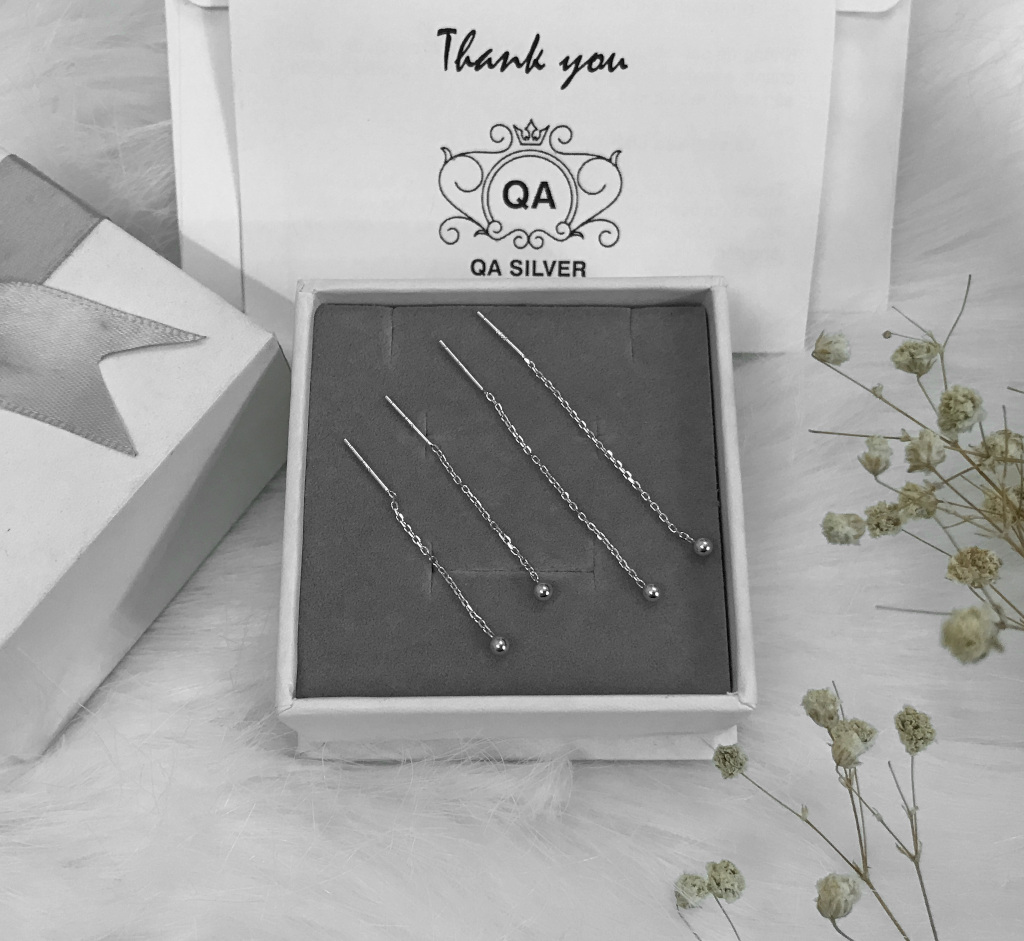 Khuyên tai bạc 925 dáng dài dây xích bi bông nữ sợi mảnh S925 CHAIN QA Silver Earrings EA170101