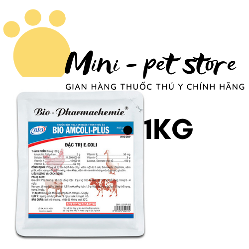 1kG   TIÊU CHẢY DO E.COLI, VIÊM PHỔI, VIÊM XOANG MŨI, VIÊM MÓNG, VIÊM KHỚP, VIÊM RỐN VÀ NHIỄM TRÙNG MÁU Ở HEO, BÒ, GÀ, VỊT, GIA SÚC, GIA CẦM   AMPICOLI - PLUS   THÚ Y BIO