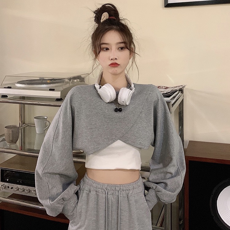 SET 2 MÓN ÁO CROPTOP ĐẮP CHÉO TAY PHỒNG CỰC HOT