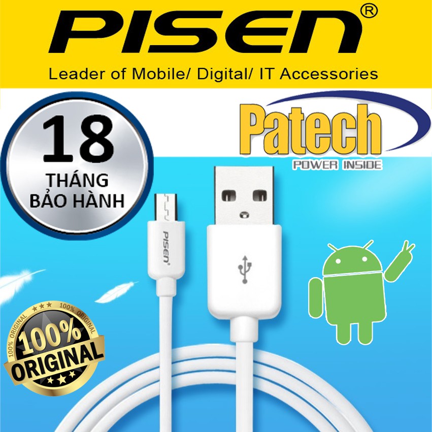 Cáp sạc Pisen cổng Micro Usb  Sạc nhanh 2A các dòng Android, Patech phân phối bảo hành 18 tháng.