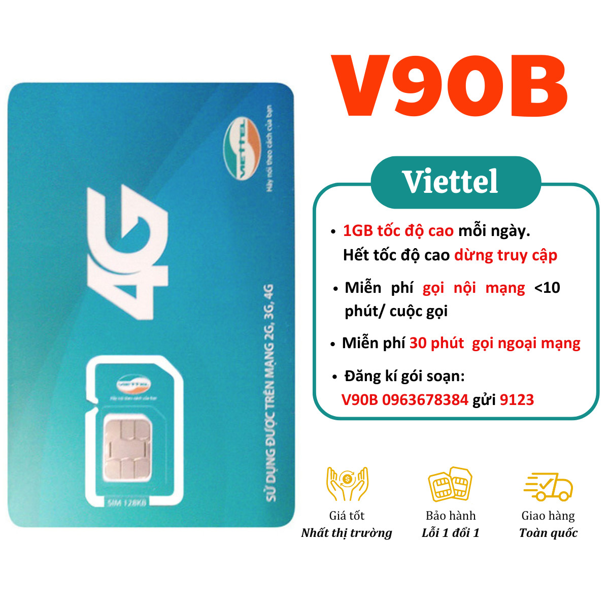 FREESHIP - CHƯA KÍCH HOẠT. Sim 4G 10 Số Viettel V90B Tặng 30GB/tháng tôc độ cao.Miễn phí gọi + 360 phút ngoại mạng Sử dụng toàn quốc.