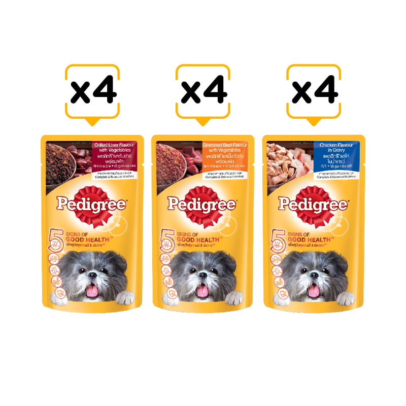 PEDIGREE® thức ăn cho chó lớn dạng sốt mix 3 vị 130g - Bò hầm rau củ (4 gói) & Gà nấu sốt (4 gói) & Gan nướng (4 gói)