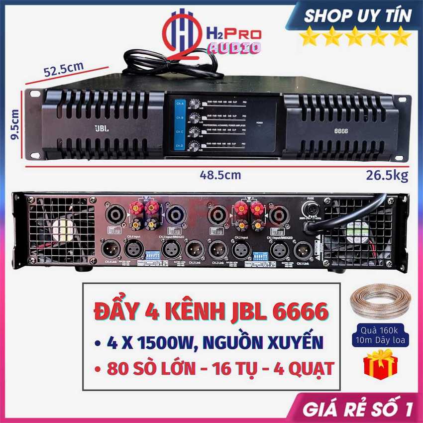 Cục đẩy 4 kênh jbl 6666 80 sò lớn 4x1500w - 16 tụ - nguồn xuyến đồng, đẩy công suất 4 kênh cao cấp sự kiện - h2pro audio