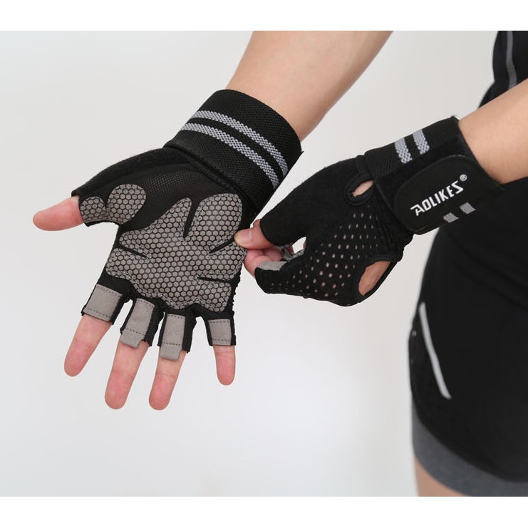 [HCM]Găng tay tập gym AOLIKES A-113 nửa ngón cao cấp half finger fitness gloves