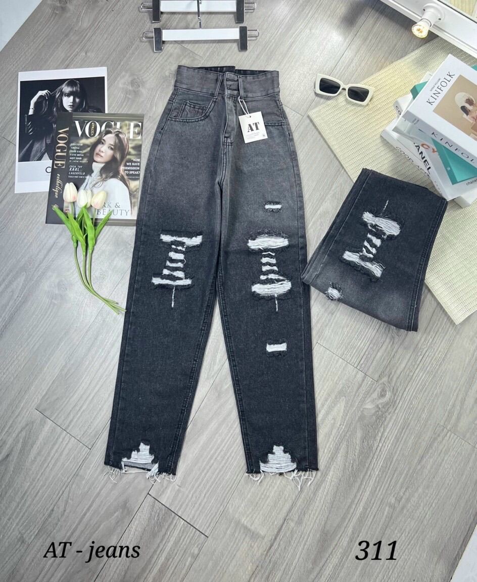 Baggy Jeans Lưng Cao 2 Nút Rách Nhiều