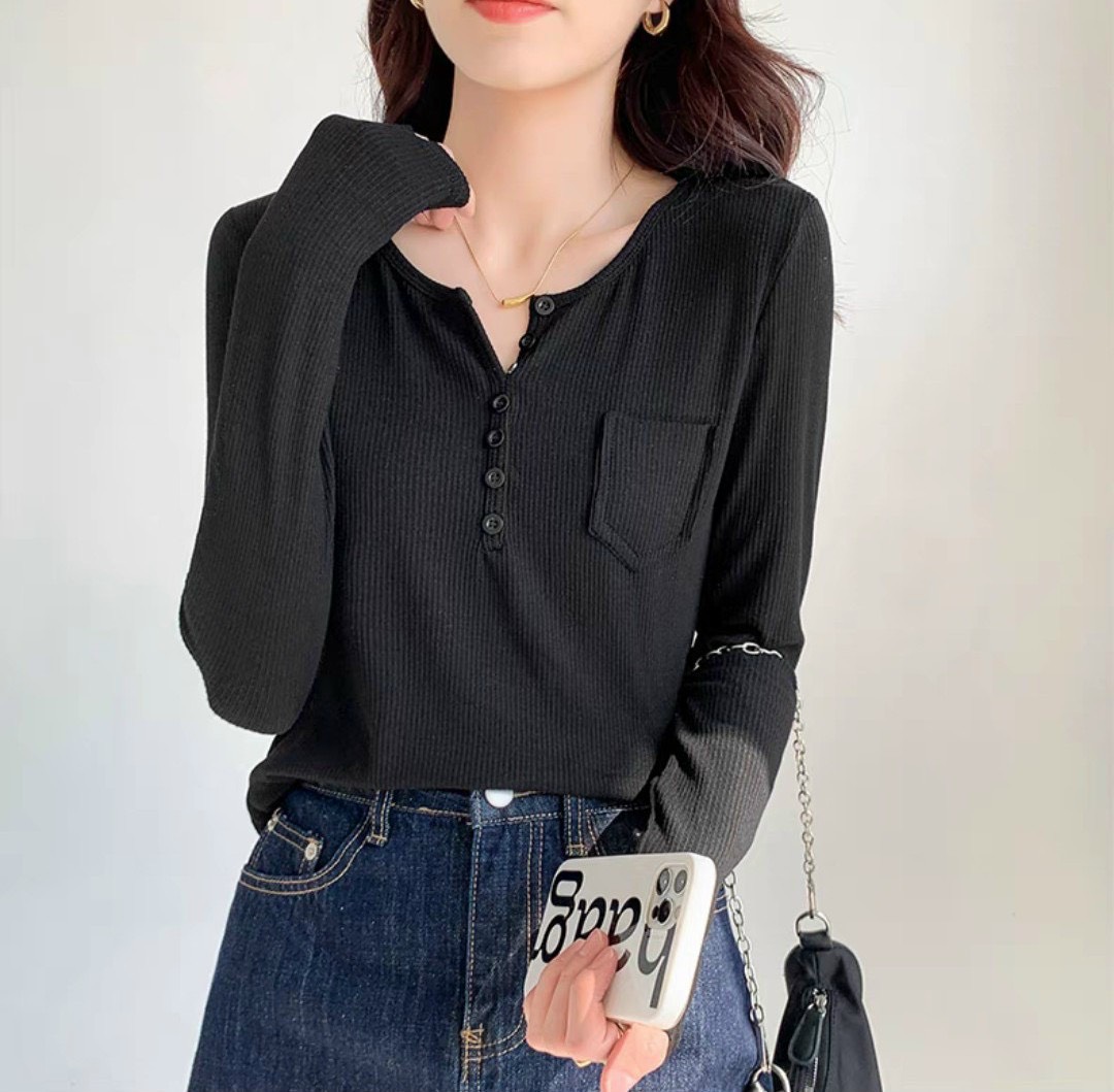 Áo thun gân tay dài cổ v vạt bầu freesize thun co dãn thấm hút mồ hôi màu trắng, đen, xanh mẫu mới bán chạy giá rẻ siêu hot quần áo thời trang giá kho sỉ