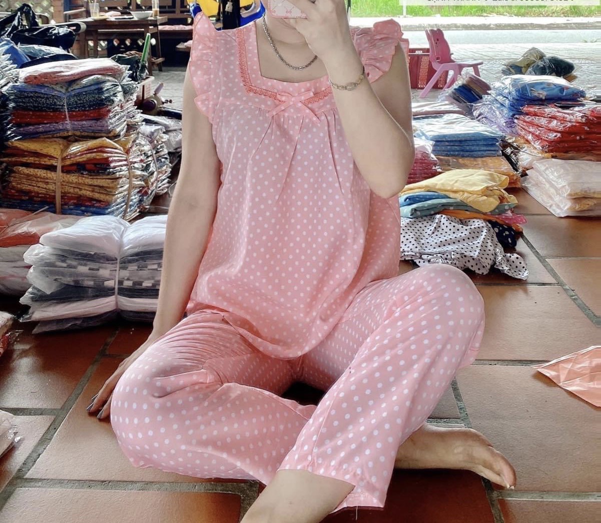 Set đồ nữ chấm bi tay cánh tiên siêu dễ thương Size M.XXL
