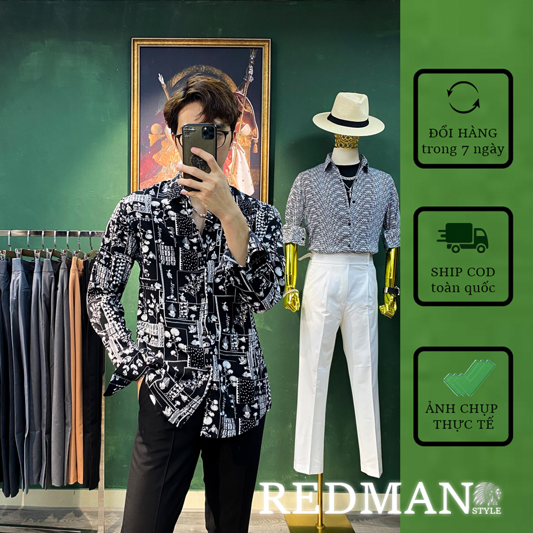 Áo Sơ Mi Nam Họa Tiết THỔ CẨM ĐEN S58 vải lụa Mango cao cấp [RedMan Style]