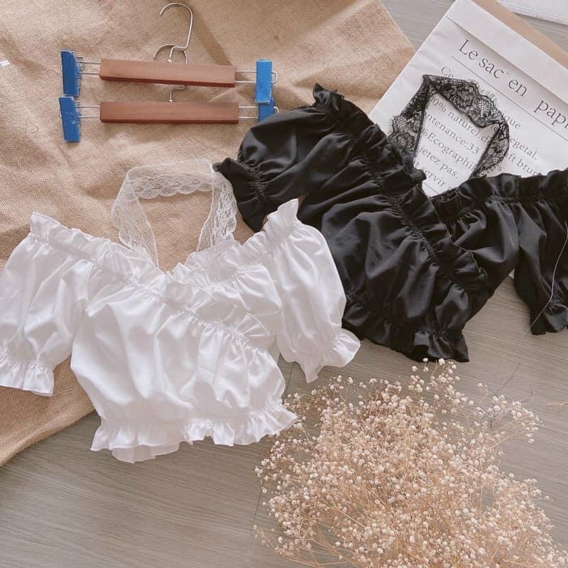 ÁO croptop nữ kiểu bệt vai kate phối ren