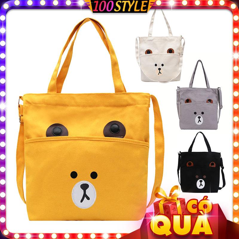 Túi vải tote đeo chéo mặt gấu kiểu thêu m584 - 100style.net