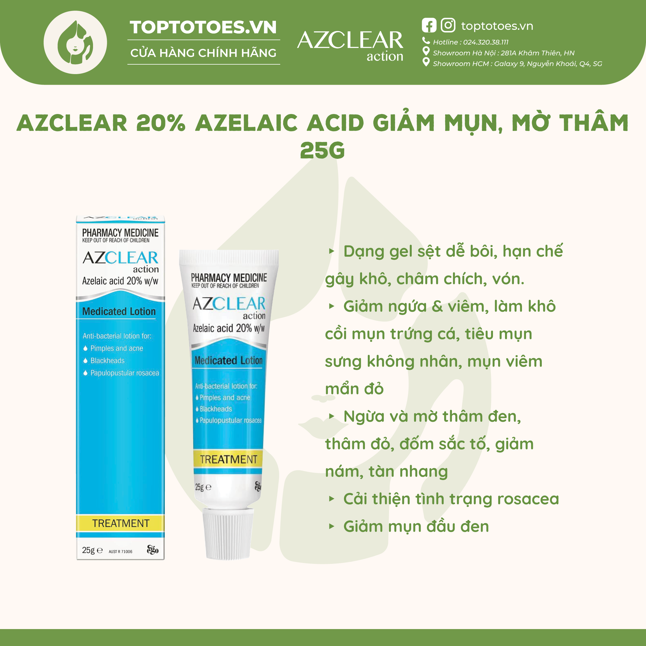 Kem bôi đa năng Azclear 20% Azelaic acid giảm mụn, mờ thâm
