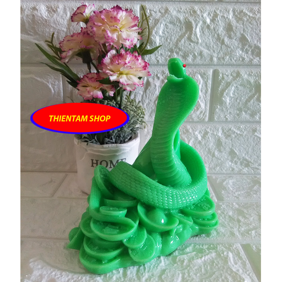 Tượng Đá Trang Trí Rắn cuộn vàng Phong Thủy - Cao 16cm - Màu xanh ngọc