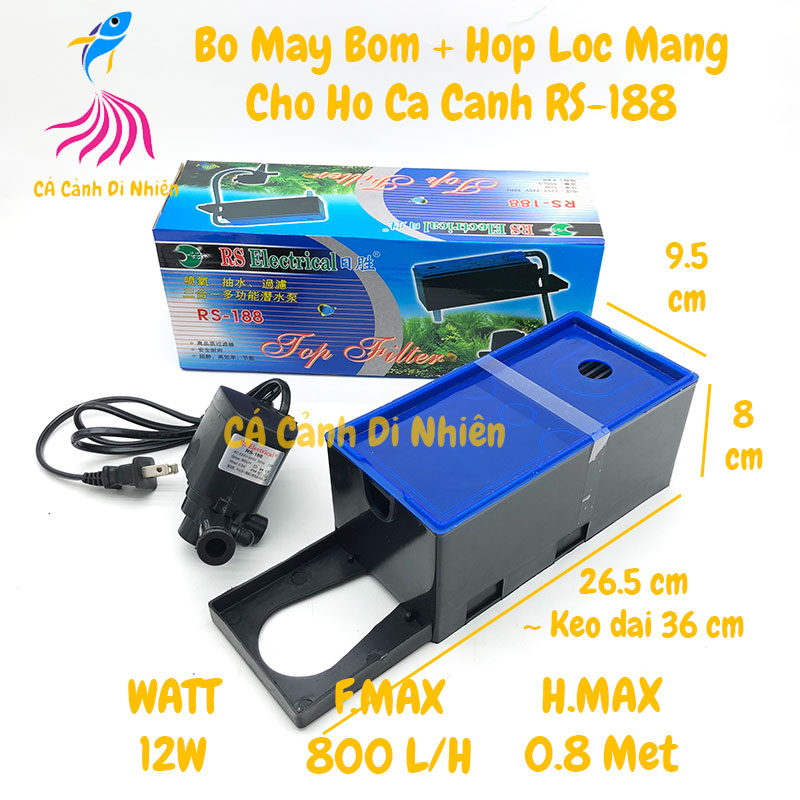 Máy bơm lọc nước RS-188 12W kèm lọc máng cho hồ cá cảnh(không kèm bông lọc)