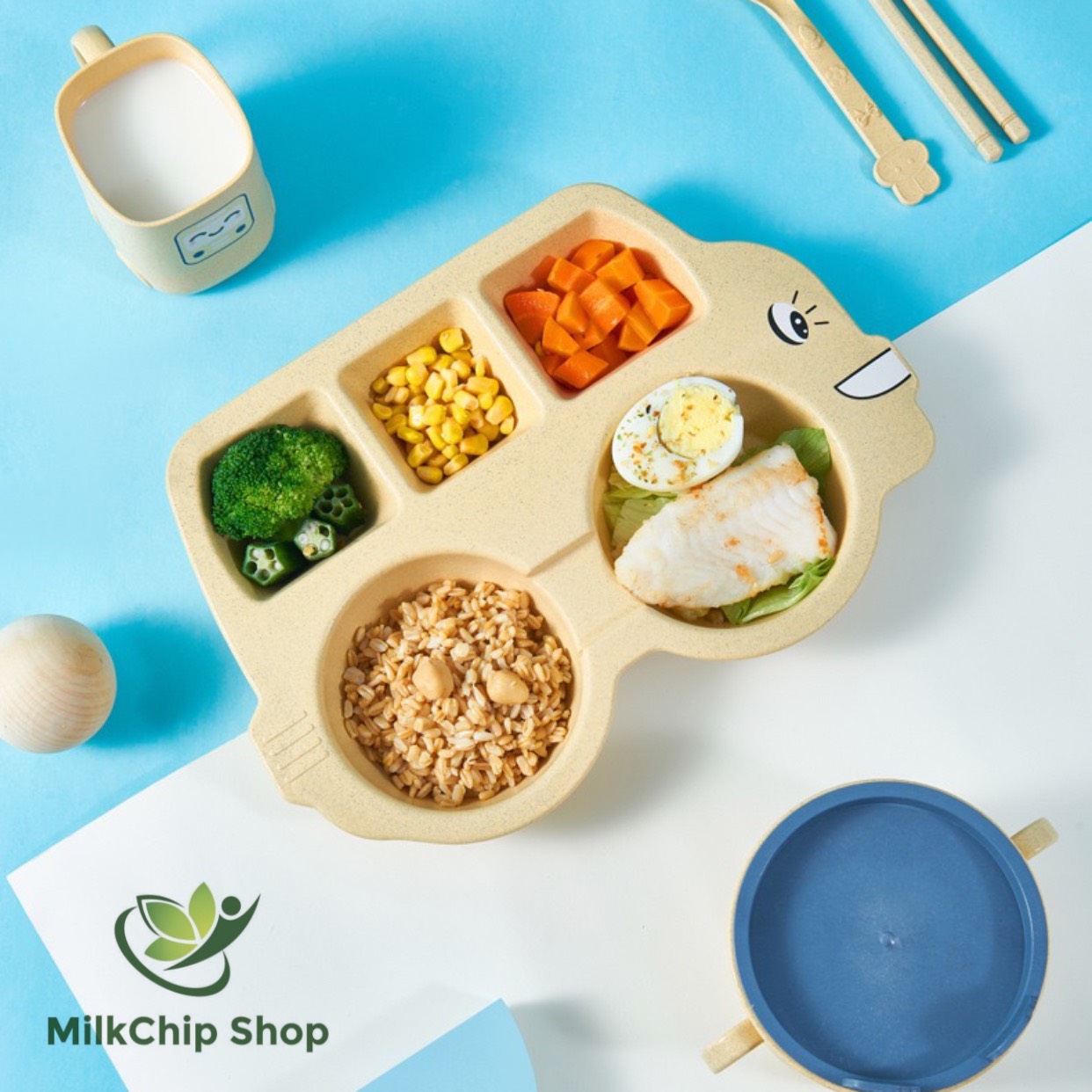 Khay ăn dặm cho bé, khay cơm lúa mạch hình ô tô (kèm thìa, dĩa, đũa) BK009