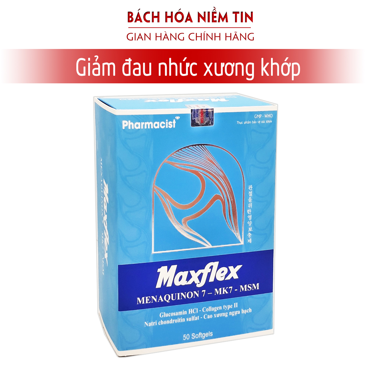 MAXFLEX - Glucosamin 1200mg - Giảm đau khớp, viêm khớp, thoái hóa cơ xương khớp, đau lưng, đau nhức khớp gối - Hộp 50 viên Chuẩn GMP