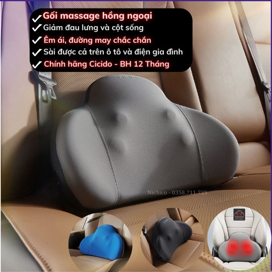 Gối massage ô tô có hồng ngoại, Tựa lưng ô tô chính hãng Cicido có massage 4 điểm và chườm nóng bằng tia hồng ngoại Micoco