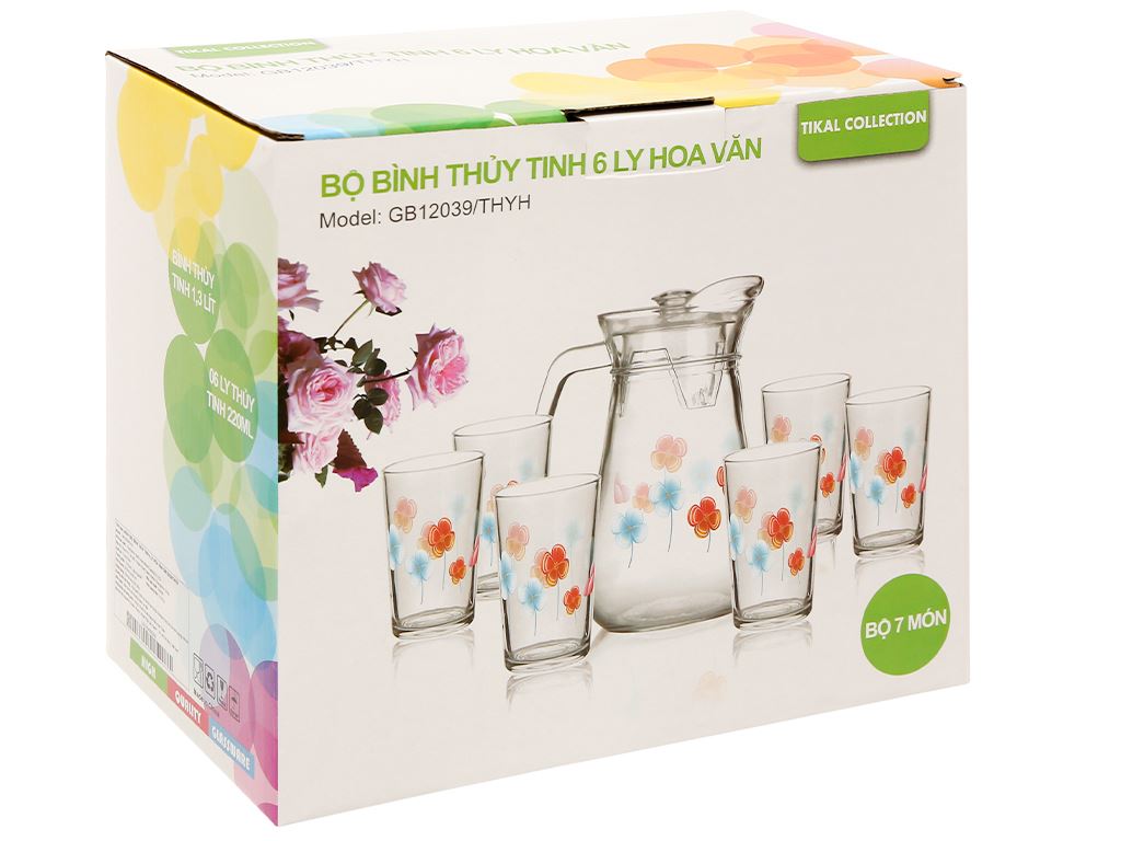 Bộ bình 6 ly cốc thuỷ Tinh hoa văn Bách Hóa XANH GB12039 THYH