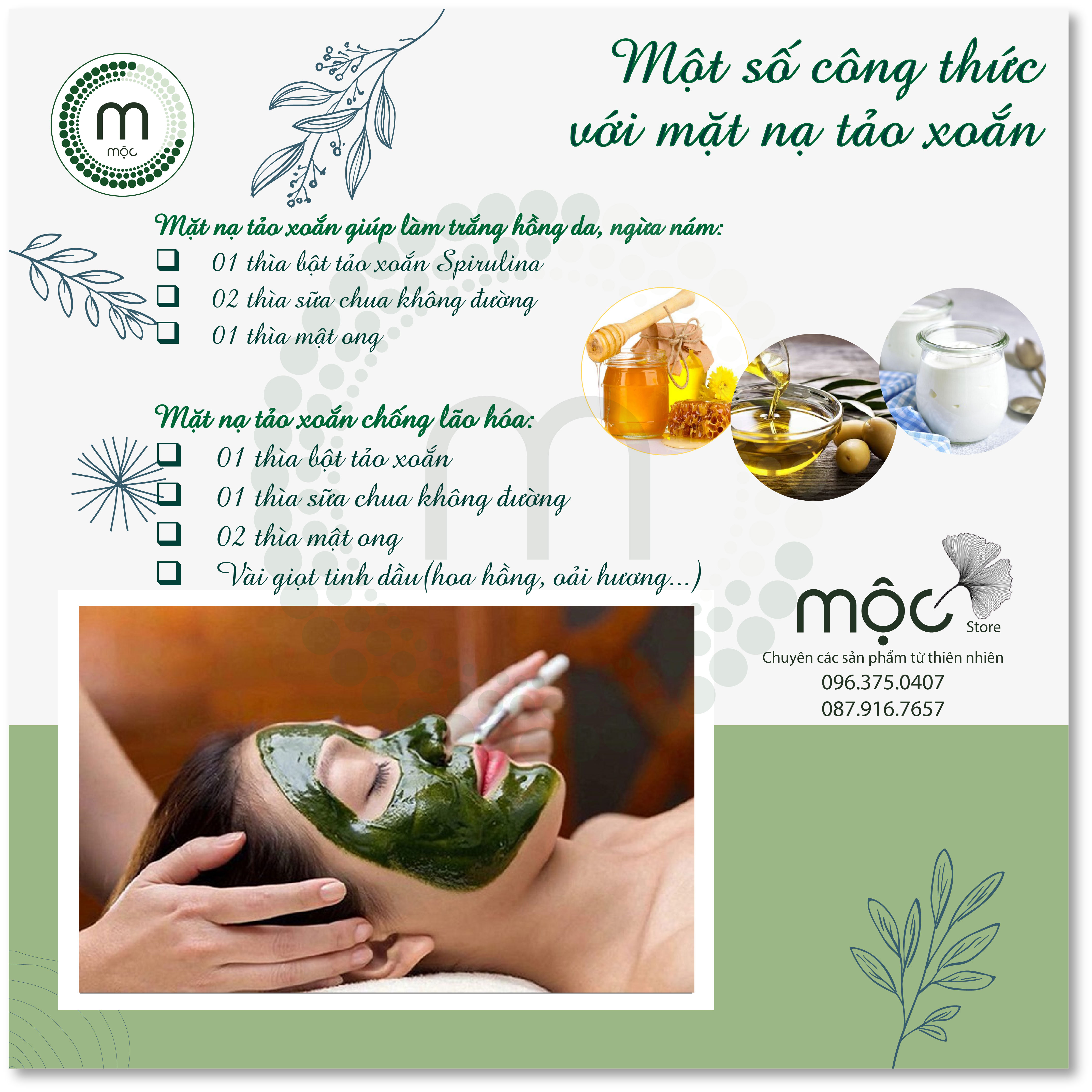 Bột mặt nạ Tảo Xoắn Spirulina Nhật bản MỘC nguyên chất dưỡng ẩm trắng da ngăn ngừa mụn làm mờ nếp nhăn túi 10g, 30g và chai 100ml (70g)