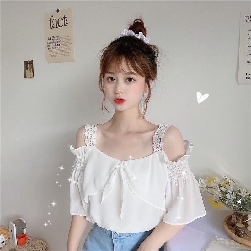 Áo Kiểu Trễ Vai Dây Ren Hot Trend Đính Nơ Ngực Dễ Thương TTSA0684