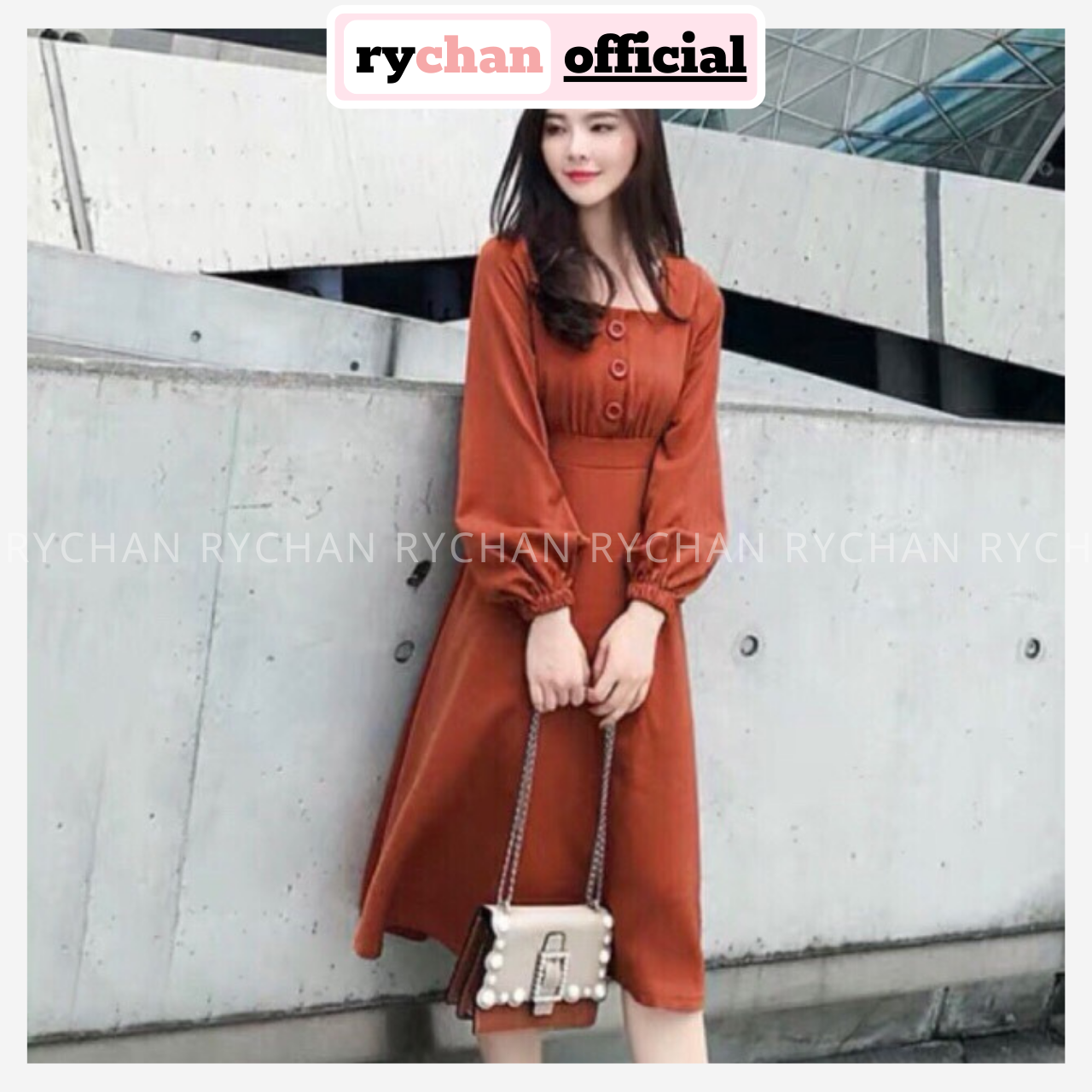 [HCM]DM637 - Orange Maxi Dress Square Neck with Puffy Sleeves