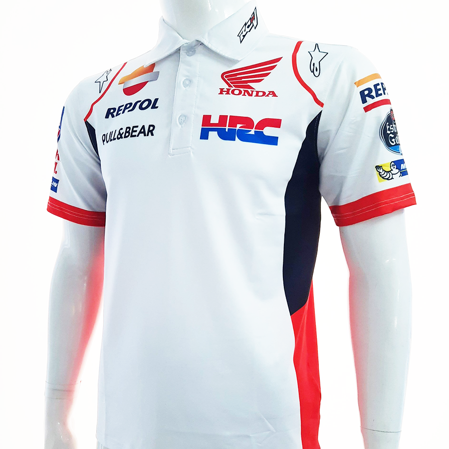 Áo thun nam có cổ tem xe Honda Trắng