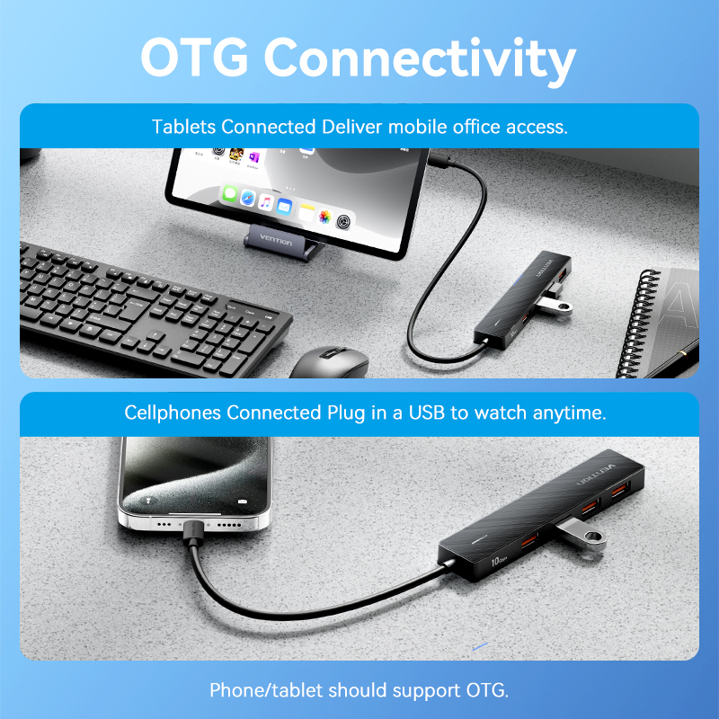 Vention USB-C Hub 4 Cổng USB 3.2 - Tốc Độ 10Gbps - Bộ Chia Cổng Type-C - Tương Thích Macbook Laptop Điện Thoại - Đèn Báo Hiệu - Cắm Là Chạy