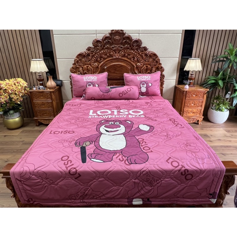 Bộ ga gối thun siêu mát lạnh 5D gâu lotso ( gấu dâu )