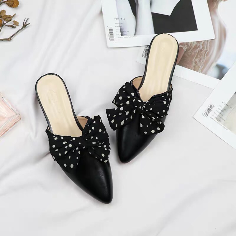 DÉP SỤC THẮT NƠ  CHẤM BI MŨI NHỌN ĐẾ CAO 3 CM DA MỀM SIÊU ĐẸP GIÀY NỮ