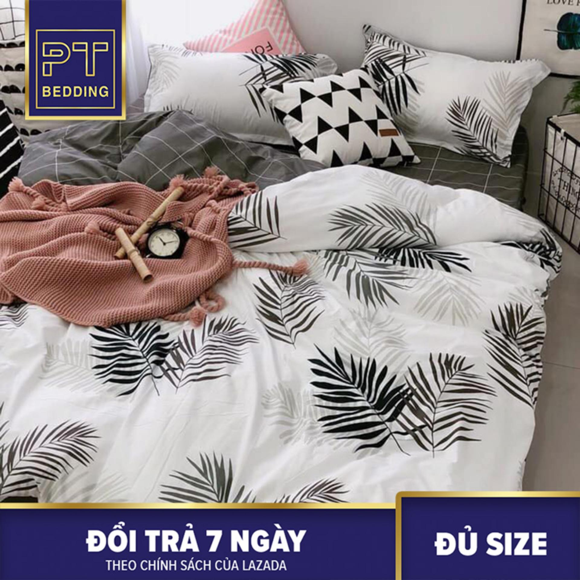 Bộ Chăn Ga Gối ( 01 Drap + 1 vỏ mền + 2 áo gối ) Đen Họa Tiết Lá Thông Rừng