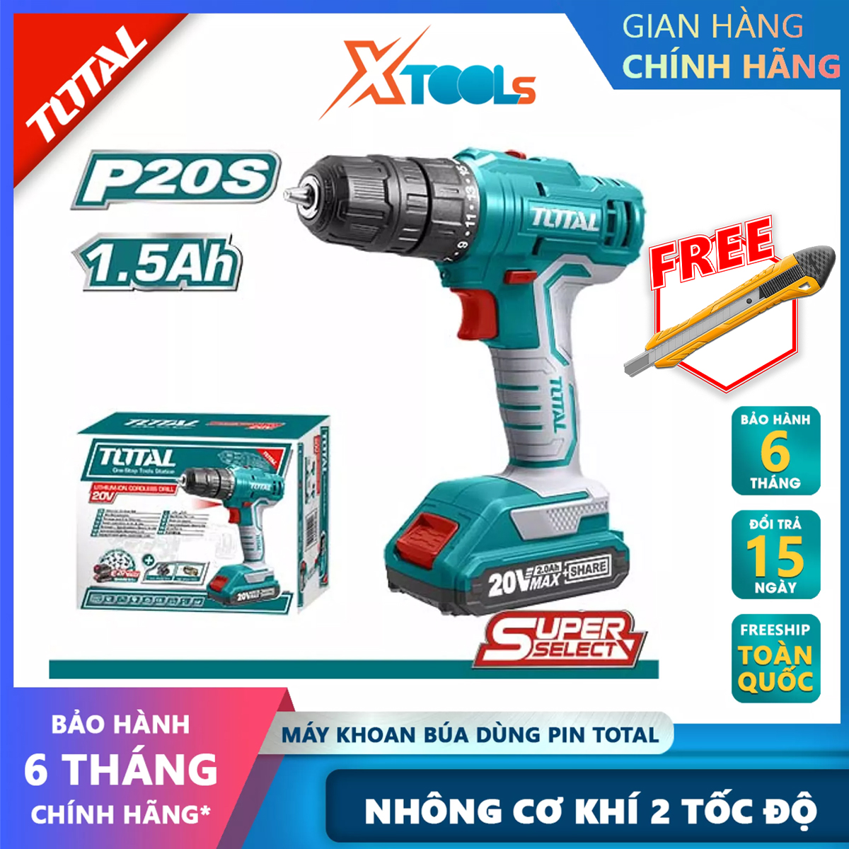 20V total tdli20011 two speed portable battery drill 400/1500 v/p, 45nm tighten, 10mm drill ability, with 1 rechargeable battery, integrated working lamp