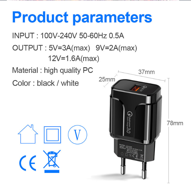 Củ sạc nhanh 18W, QC 3.0, 1 cổng usb 3.0, chân tròn