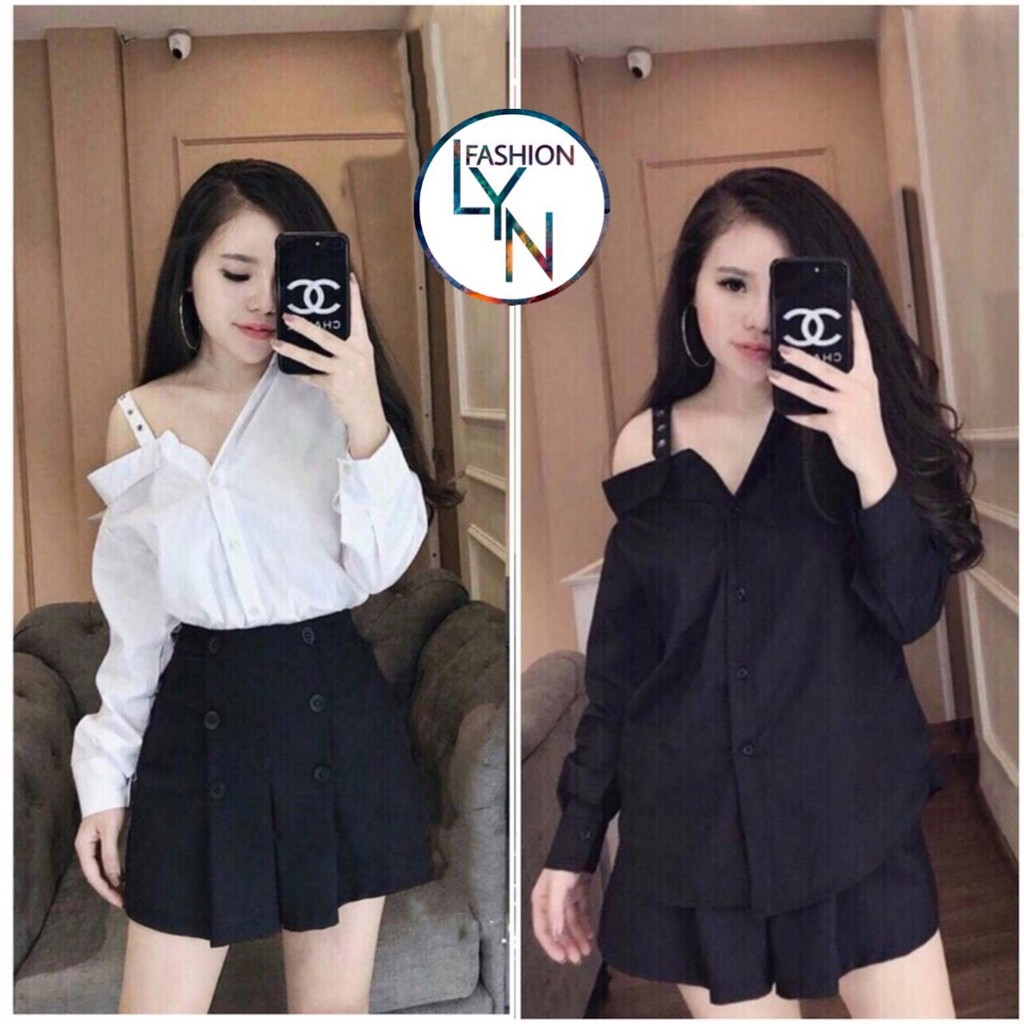 Set Thiế.t K.ế Áo Sơ Mi Lệ.ch Vai và Chân Váy Xòe
