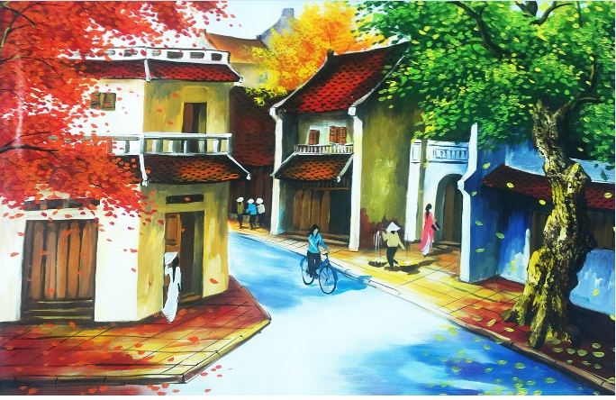 Tranh phố cổ Hà Nội hàng Cuốc kèm khung tranh 61