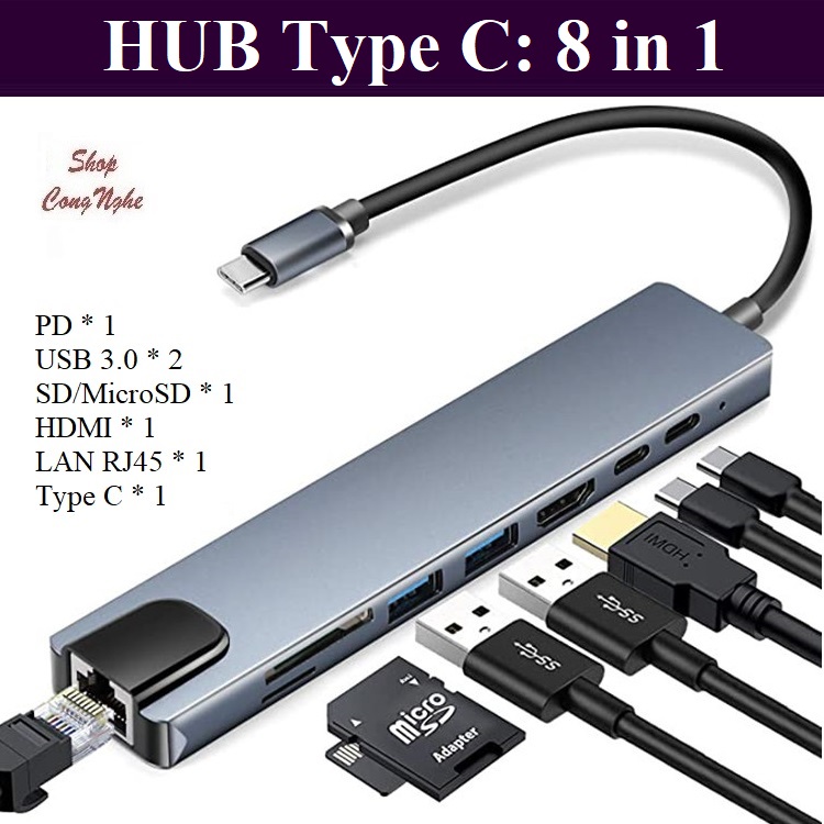 Hub Type C - Cổng chuyển đổi HUB USB Type-C to HDMI, USB 3.0, SD, TF