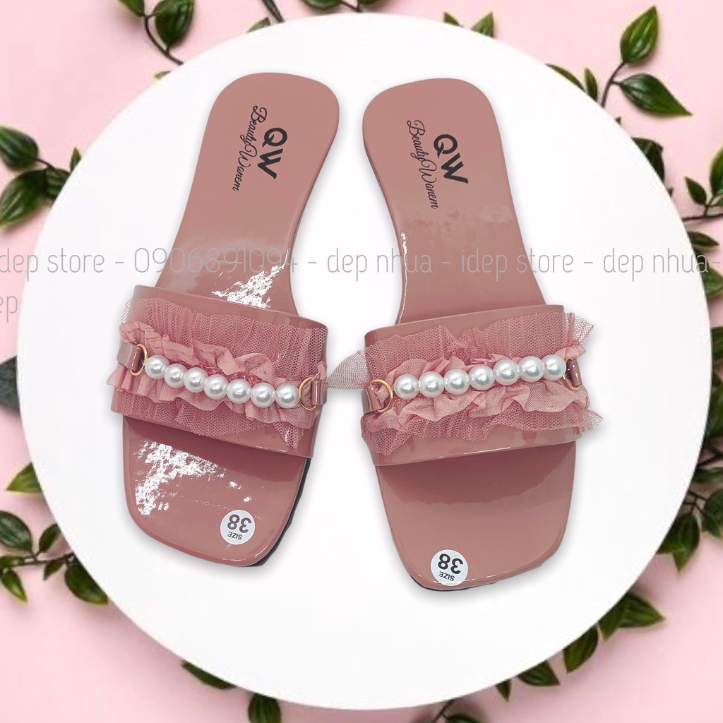 Dép nữ quai ngang bèo nhún nhúm đính ngọc châu đẹp hot trend - DL146