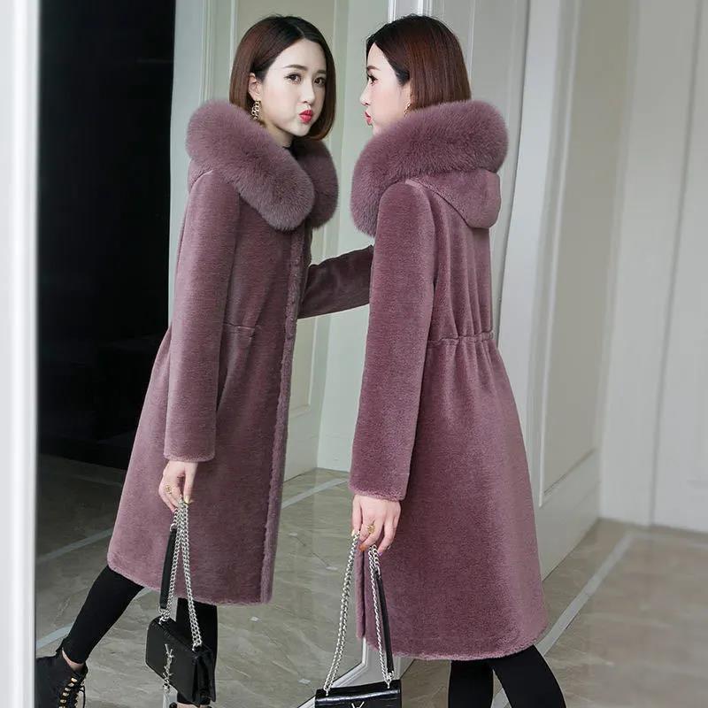 Áo khoác lông cừu nữ cừu lông thú giả áo khoác dài ôm cổ áo lông thú