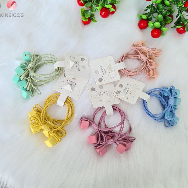 Set 3 dây cột tóc 2 hạt vuông tròn đính hạt nhiều màu - màu ngẫu nhiên - kireicos