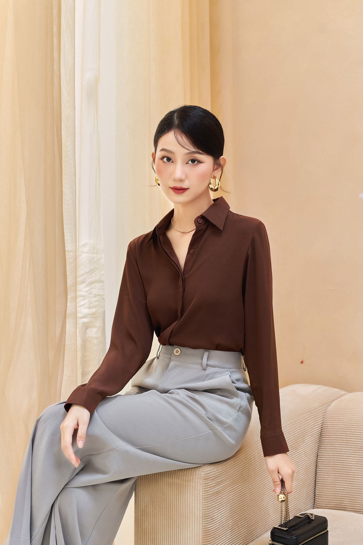 Áo sơ mi nữ công sở gillee lụa cát cao cấp tay dài form cơ bản fas290