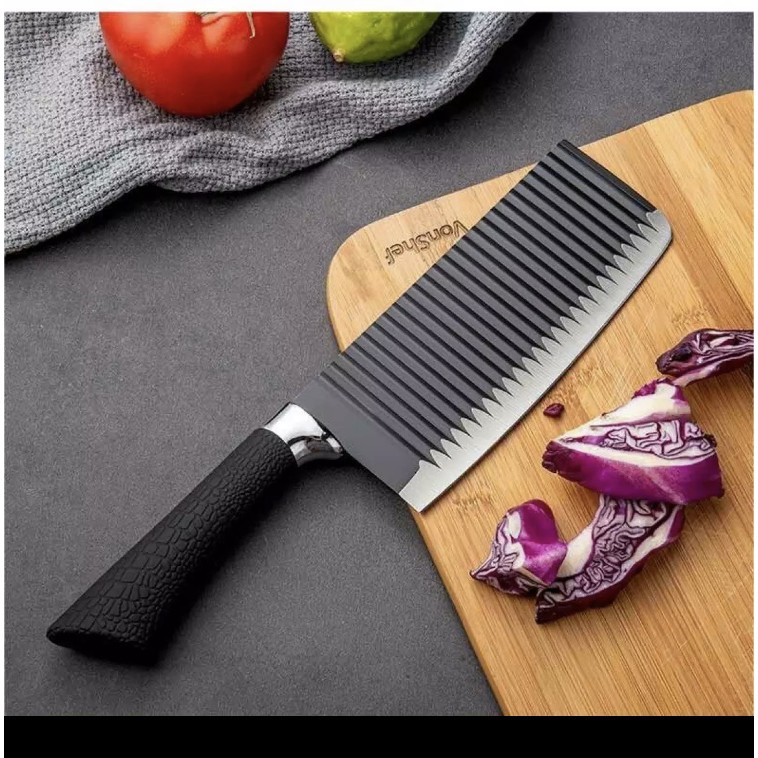 Dao thái thịt bản to chống dính lượn sóng màu đen dài 32cm bản 8cm. Dao bếp lưỡi gợn sóng Nhật Bản loại 1 siêu bén cán bọc cao su cao cấp an tòan và êm tay