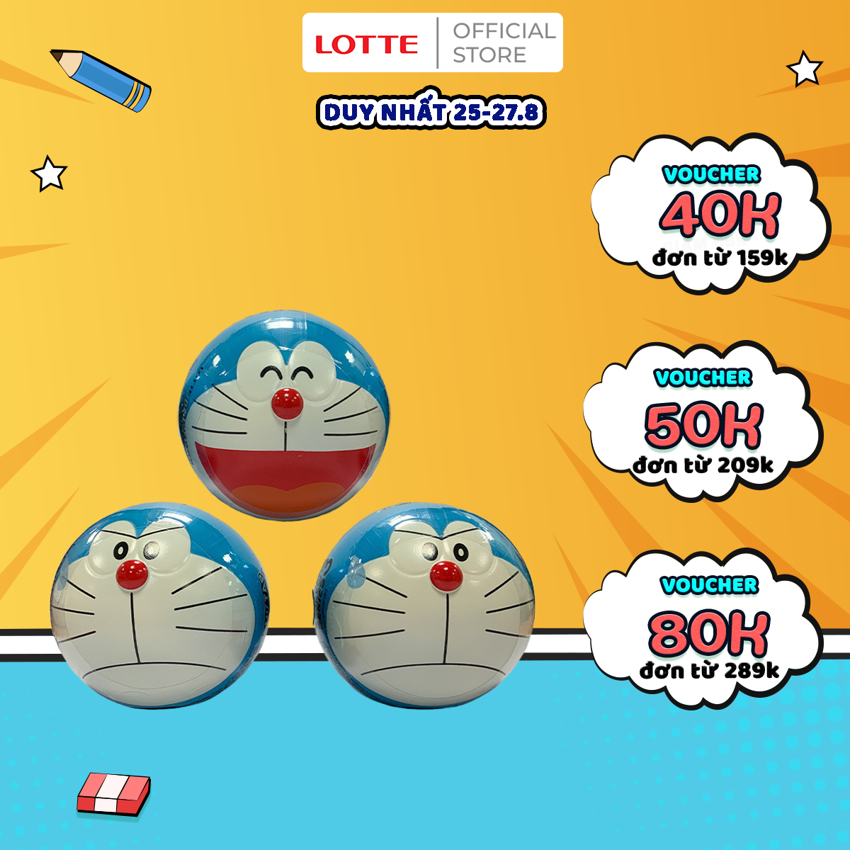 Combo 3 Bóng Lotte Doraemon - Kẹo gum hương cam 3g/hũ ( Mẫu Ngẫu Nhiên)