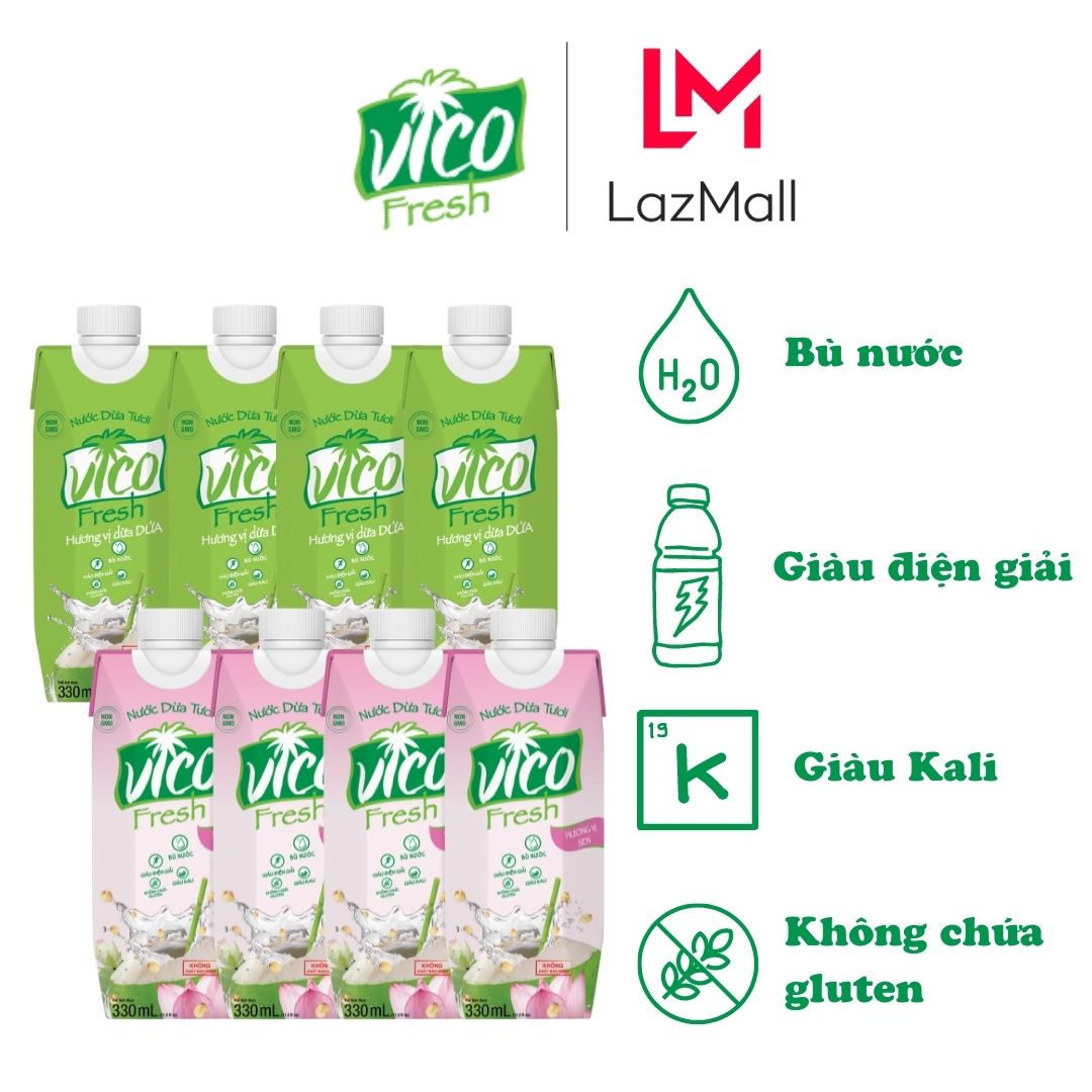 Thùng 8 Hộp Nước Dừa Vico Fresh 330ml - (4 Dứa, 4 Sen)