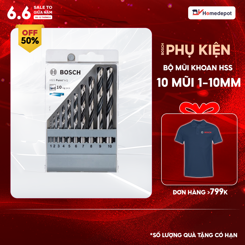 Bộ mũi khoan bosch hss pointteq 10 mũi 1-10mm 2608577348